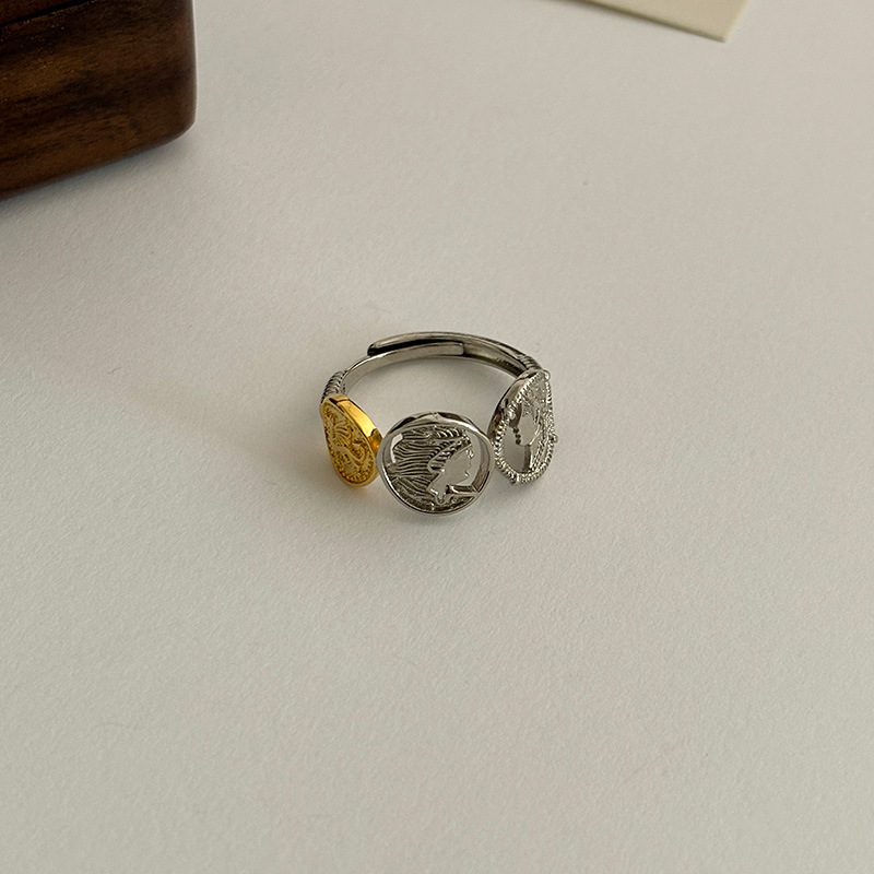 日韩版重工拼色女王人像戒指女复古时尚个性创意设计感开口食指环