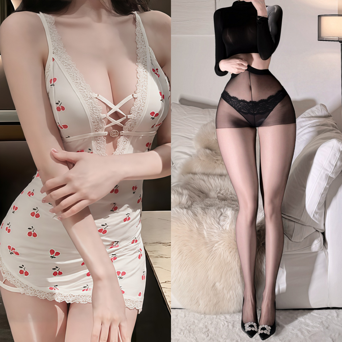 체리 잠옷 + 검정색 팬티스타킹
