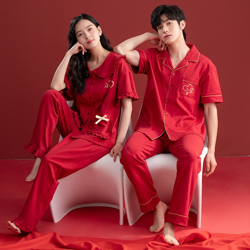 Pijamas Boda boda pareja traje rojo algodón hombres mujeres pantalones de manga corta pareja de media manga pijamas verano