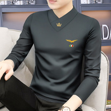 秋冬季新款中年男士长袖t恤v领修身打底衫保暖内衣服体恤潮牌男装