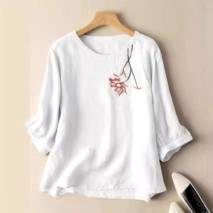 2023 хризантемы вышитая лодка с круглым вырезом повседневная рубашка