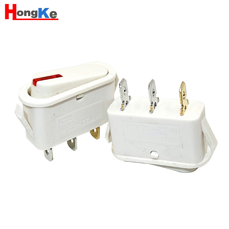 KCD3白色鱼尾船形开关 16A带灯3脚船型开关 三脚翘板型电源开关