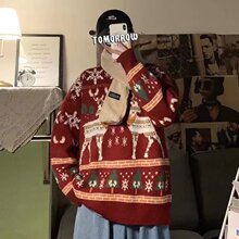 圣诞节圆领毛衣男秋冬加厚针织外套宽松慵懒港味复古打底衫ins潮