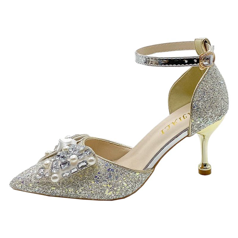 2024 летние новые блестки остроконечные сандалии женские каблуки пряжки страз банты на высоких каблуках подружки невесты обувь оптом