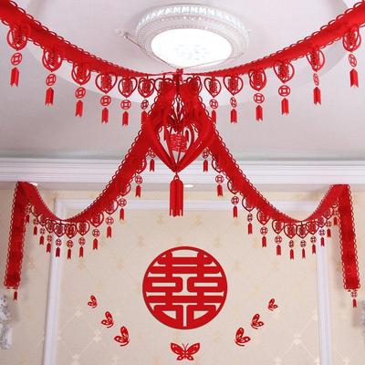 中式结婚庆用品婚房装饰创意客厅卧室房间布置绒布喜字拉花绣球|ru
