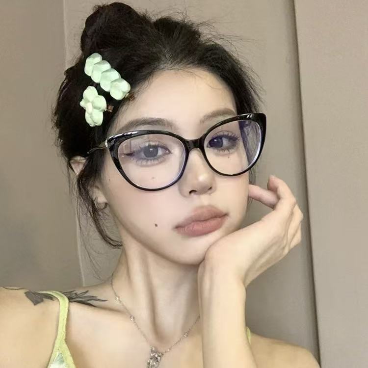 复古摩登猫眼近视眼镜欧美甜酷辣妹黑框女方圆脸素颜防蓝光平光镜|undefined