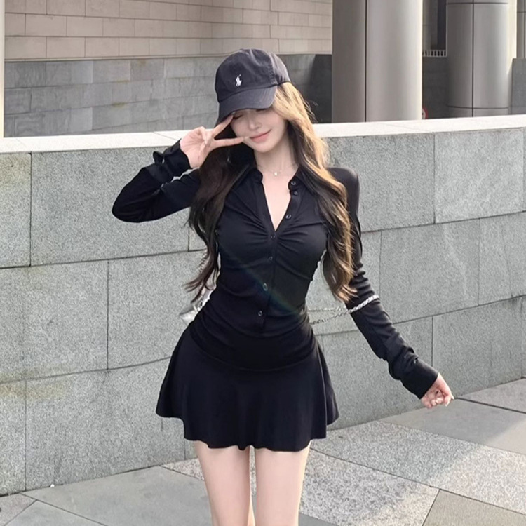 French Black Pleated Long-Sleeved Shirt Dress for Women in Summer, Petite Hottie Niche Design Waist Skirt