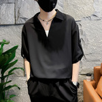 夏季潮牌痞帅设计感V领POLO衫男冰丝短袖T恤2025新款男士休闲上衣