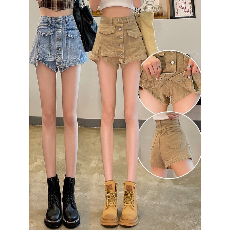 Denim Short Skirt for Women, Autumn and Winter High-Waisted Skirt Pants, Anti-Exposure Khaki Brown Skirt Shorts for Petite Women Denim Short Skirt for Women, Autumn and Winter High-Waisted Skirt Pants, Anti-Exposure Khaki Brown Skirt Shorts for Petite Women