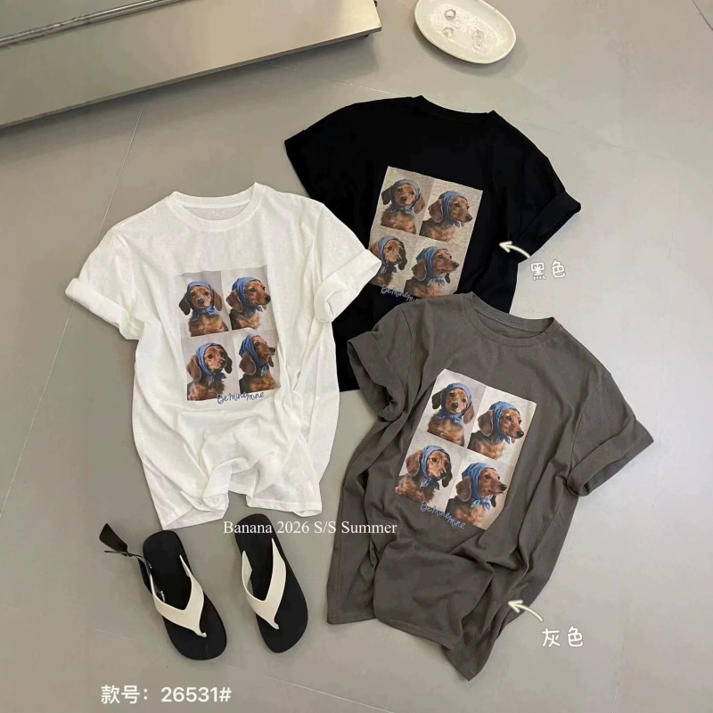 Korean Dongdaemun Pure Cotton Summer New Casual American-Style Cute Dog Print Loose Short-Sleeve T-Shirt for Women Korean Dongdaemun Pure Cotton Summer New Casual American-Style Cute Dog Print Loose Short-Sleeve T-Shirt for Women