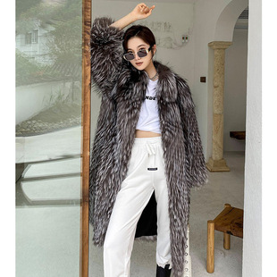 Women's Autumn and Winter Silver Fox Fur Coat Faux Fox Fur Long Coat Fashionable Cyber Celebrity Fur Top Casual Trench Coat