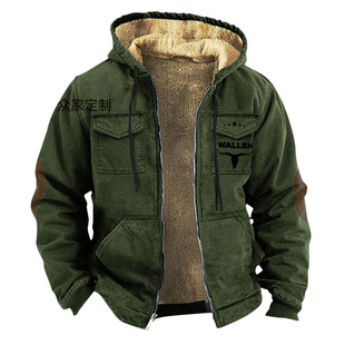 2024 European and American Cross-Border Western Denim 3D Printing Digital Printing Hooded Sweatshirt Brown Lining Flap Pocket Pants Cotton Jacket