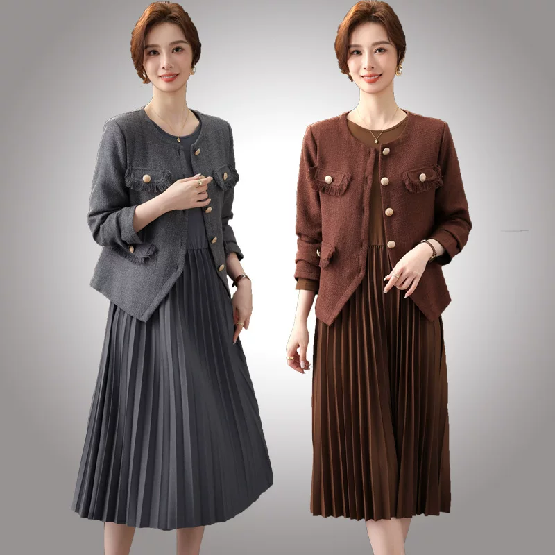 Весенняя куртка для мамы, комплект для пожилого возраста, осеннее демисезонное платье, стиль Шанель, для среднего возраста.