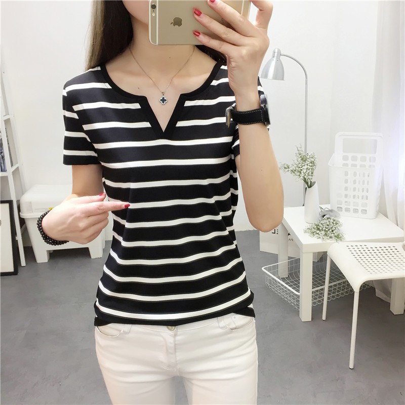 Camiseta de manga larga con cuello en V a rayas blancas y negras, ajustada, para mujer, estilo transfronterizo, moda otoño 2026, camiseta base para estudiantes