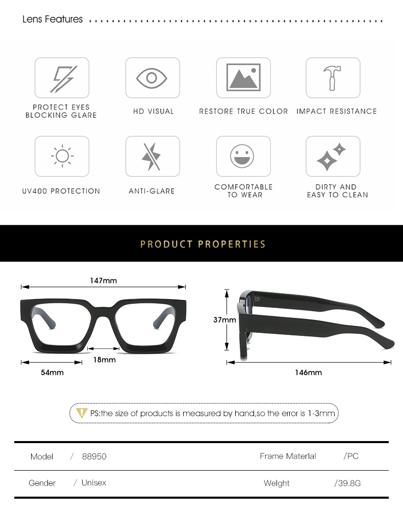 45g Weight Full Frame Glasses Structure Glasses Classification Ac Lens Material Square Glasses Style Daily Occasion Solid Color, Leopard Pattern All Seasons Season Unisex Gender Simple Style Style Simple Style Solid Color Leopard Ac Square Full Frame Optical Glasses 2