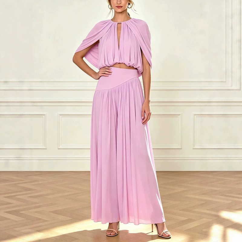 Independent brand European and American women's clothing elegant style cape hollow-out short top high-waisted drapey pleated umbrella skirt two-piece set 8246