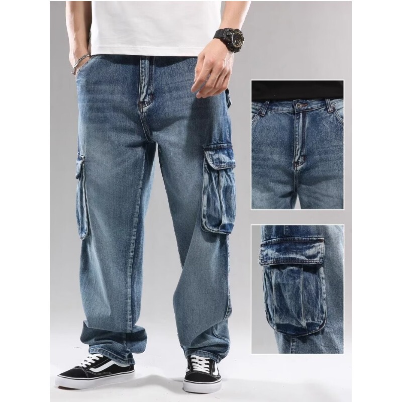 American Style Heavy Multi-Pocket Tooling Jeans Men's Loose Wide Leg Plus Size Fat Trendy Brand High Waist Pants American Style Heavy Multi-Pocket Tooling Jeans Men's Loose Wide Leg Plus Size Fat Trendy Brand High Waist Pants