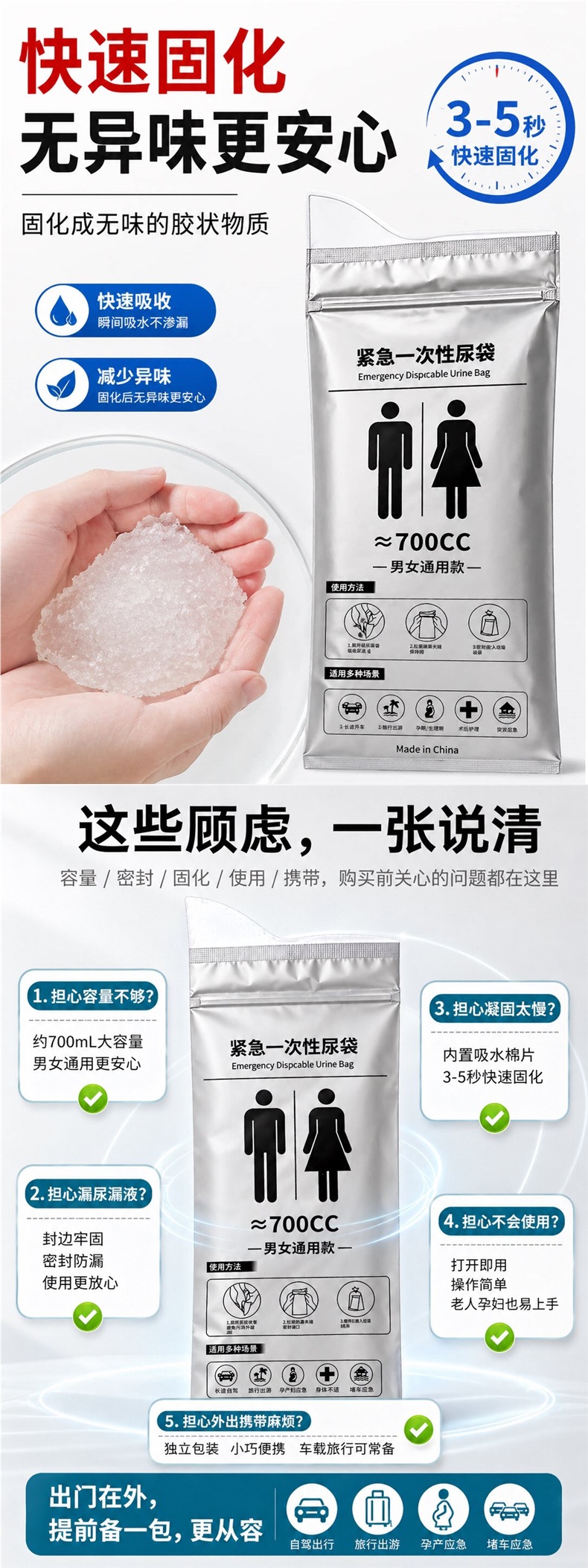 Disposable urine bag for emergency use in cars, portable car toilet, urine coagulant for women during traffic jams on highways
