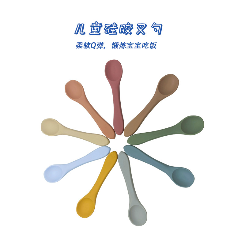 Food grade infant silicone spoon baby learning to eat training spoon children learning to eat long handle feeding tableware spot