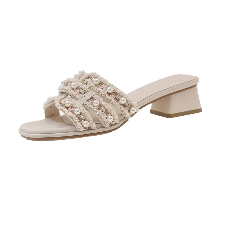 Zapatillas frías de tacón grueso francés verano 2026 nuevo estilo de perlas de moda con zapatillas de talón de falda image 5