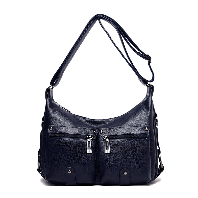 Wholesale Vintage Pu Leather Handbag Double Pocket Solid Color Shoulder Hobo Tote Bag