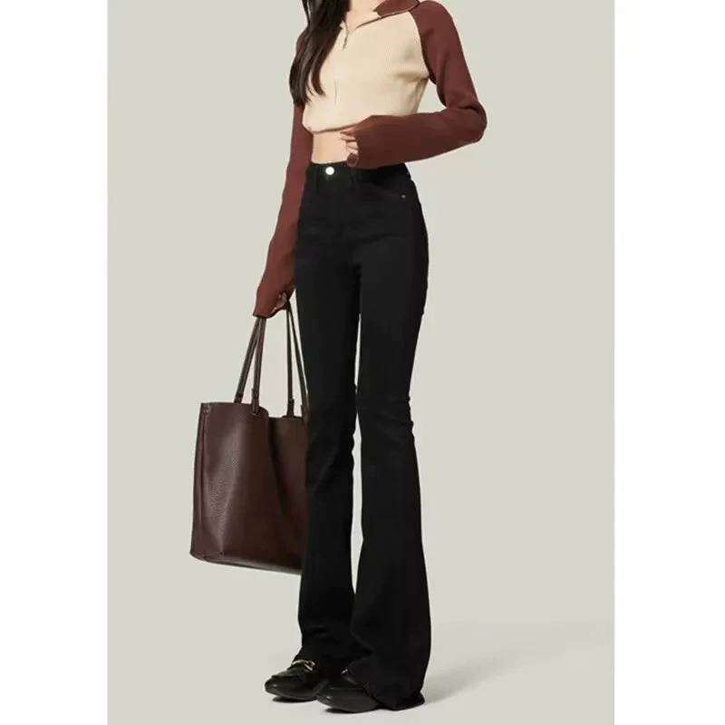 2024 новые осенние черные джинсы рога тонкие маленькие высокие талии эластичные подковы брюки расклешенные брюки