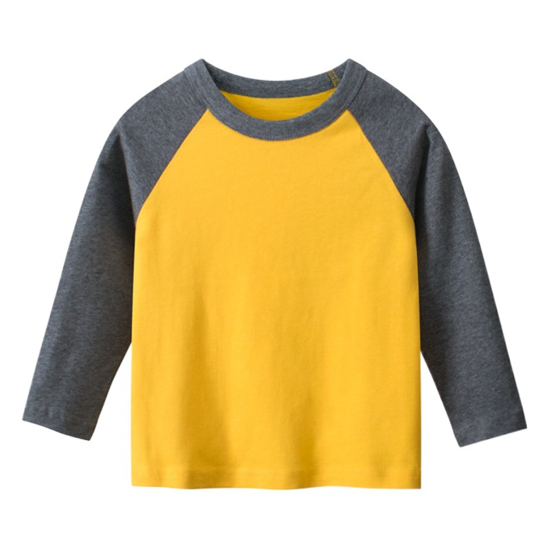 Ropa Infantil Marca 27kids al por Mayor, Primavera 2025, Nueva Camiseta Infantil de Manga Larga, Cuello Redondo, Color Sólido, Manga con Parches, Camiseta Publicitaria