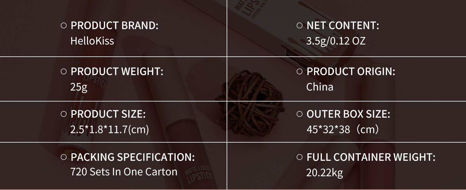 HelloKiss natural color non-fading matte four-color lip gloss, cross-border nude matte non-stick cup lip gloss Specification drawing