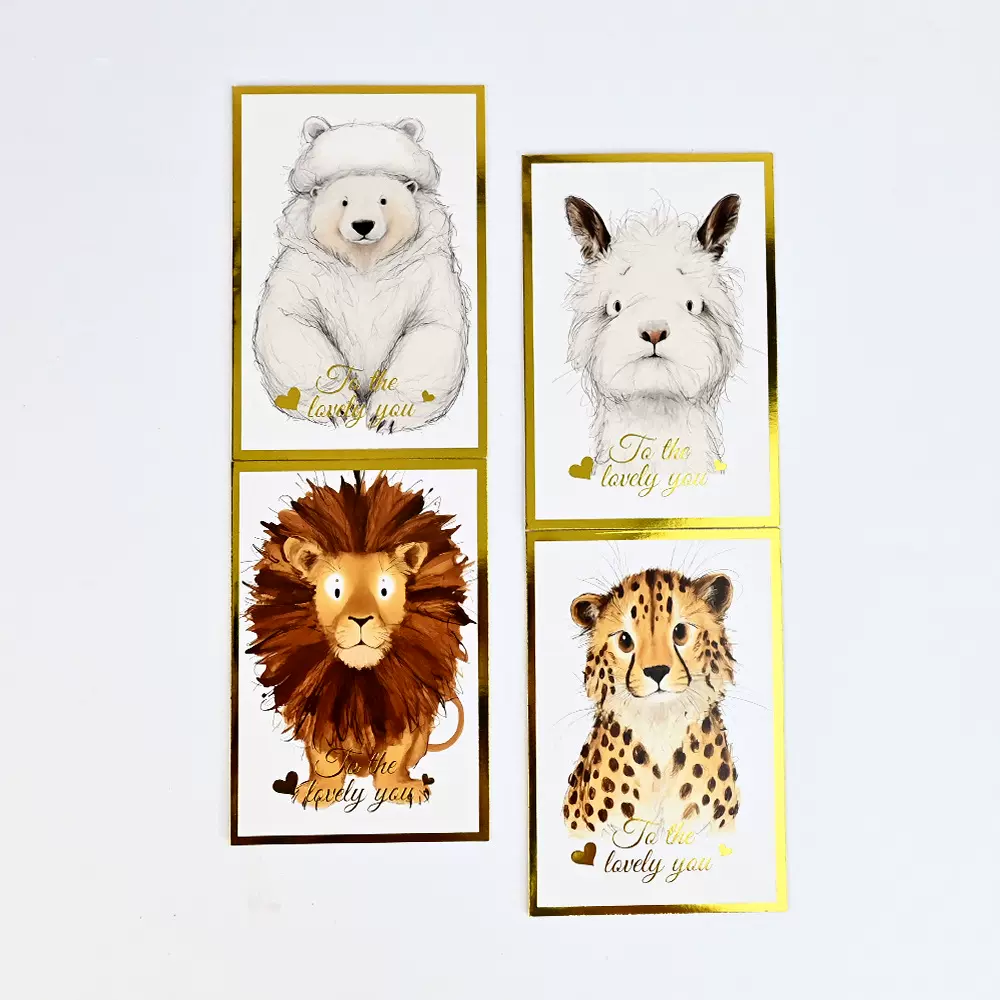 跨境卡通风格彩色贺卡感谢卡 派对祝福异形烫金动物猫猫贺卡带信