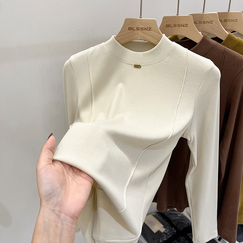 European-made semi-high collar velvet bottoming shirt women's autumn and winter New style slim-fit top sanding T-shirt women's long sleeve