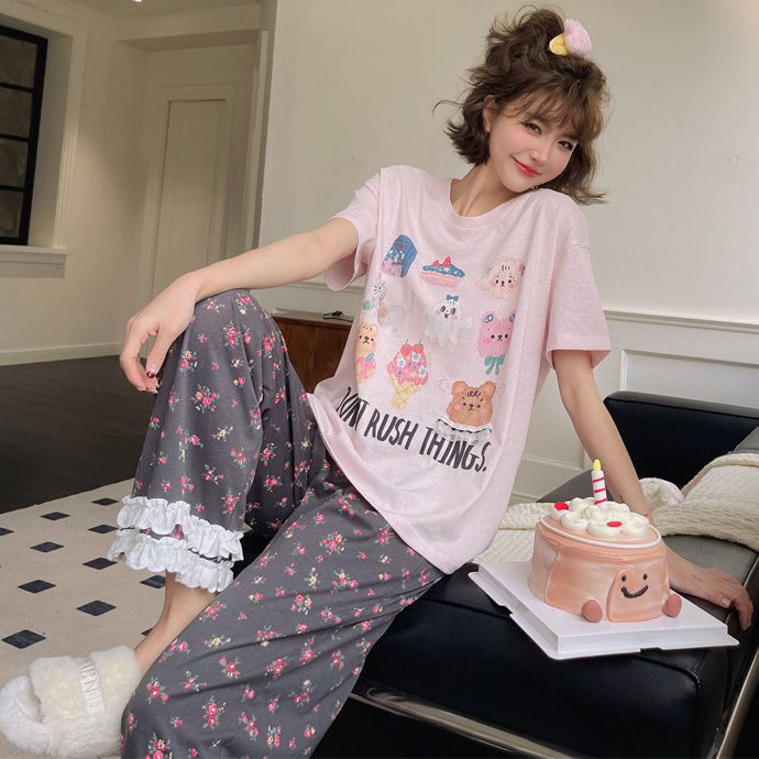 2026 New Modal Pajamas for Women, Spring and Summer Pure Cotton Short-Sleeved Long Pants That Can Be Worn Outside, Large Size Autumn Home Wear Set