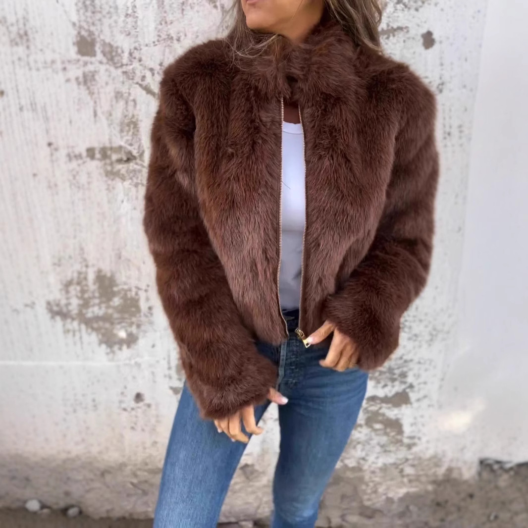 2025亚马逊欧美女装跨境新款秋冬女式 皮草高领拉链休闲上衣外套