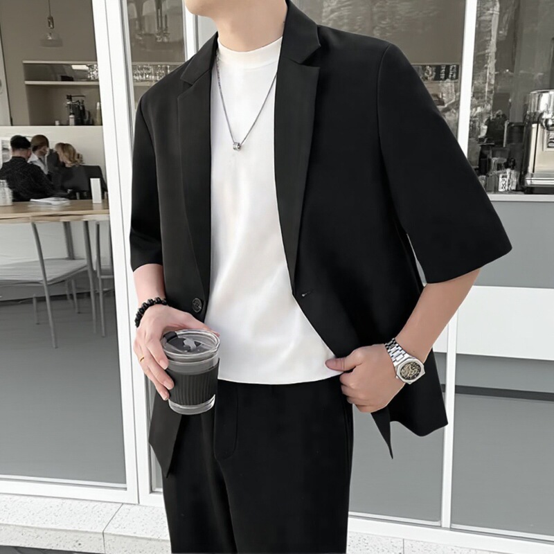 Summer New Style Five-Point Short-Sleeved Suit Jacket for Men, Light and Mature Style, Black Handsome Casual Suit Jacket, Thin and Trendy Summer New Style Five-Point Short-Sleeved Suit Jacket for Men, Light and Mature Style, Black Handsome Casual Suit Jacket, Thin and Trendy
