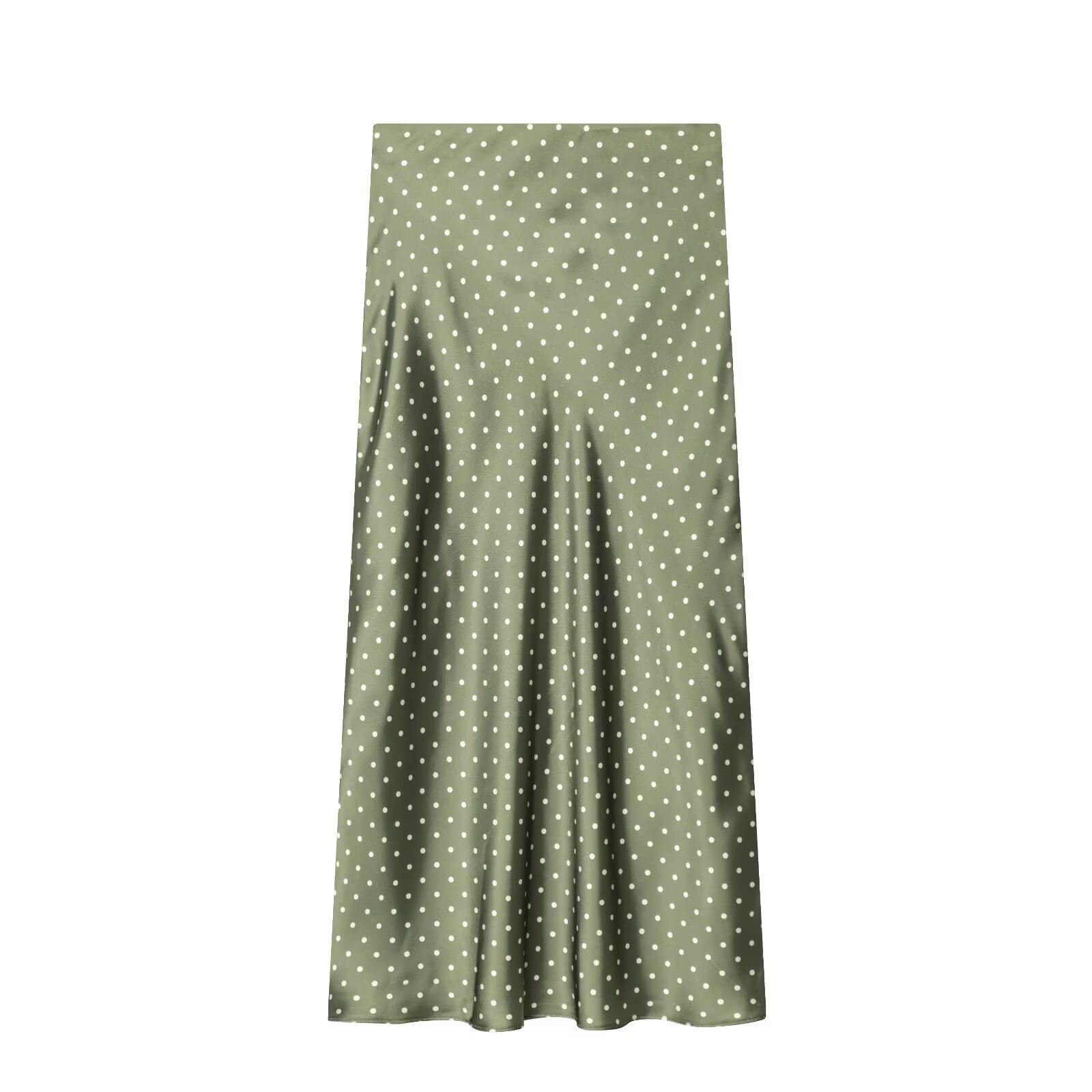 Elegant Midi Skirt With Satin Feel & Polka Dot Pattern For Women, Office To Evening Wear, Black Green White Slate Blue_ecoleips.com