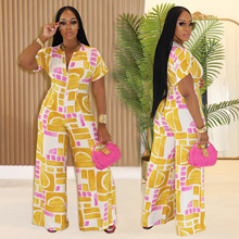 C7468跨境速卖通亚马逊欧美时尚女装夏季时尚休闲印花短袖连体裤