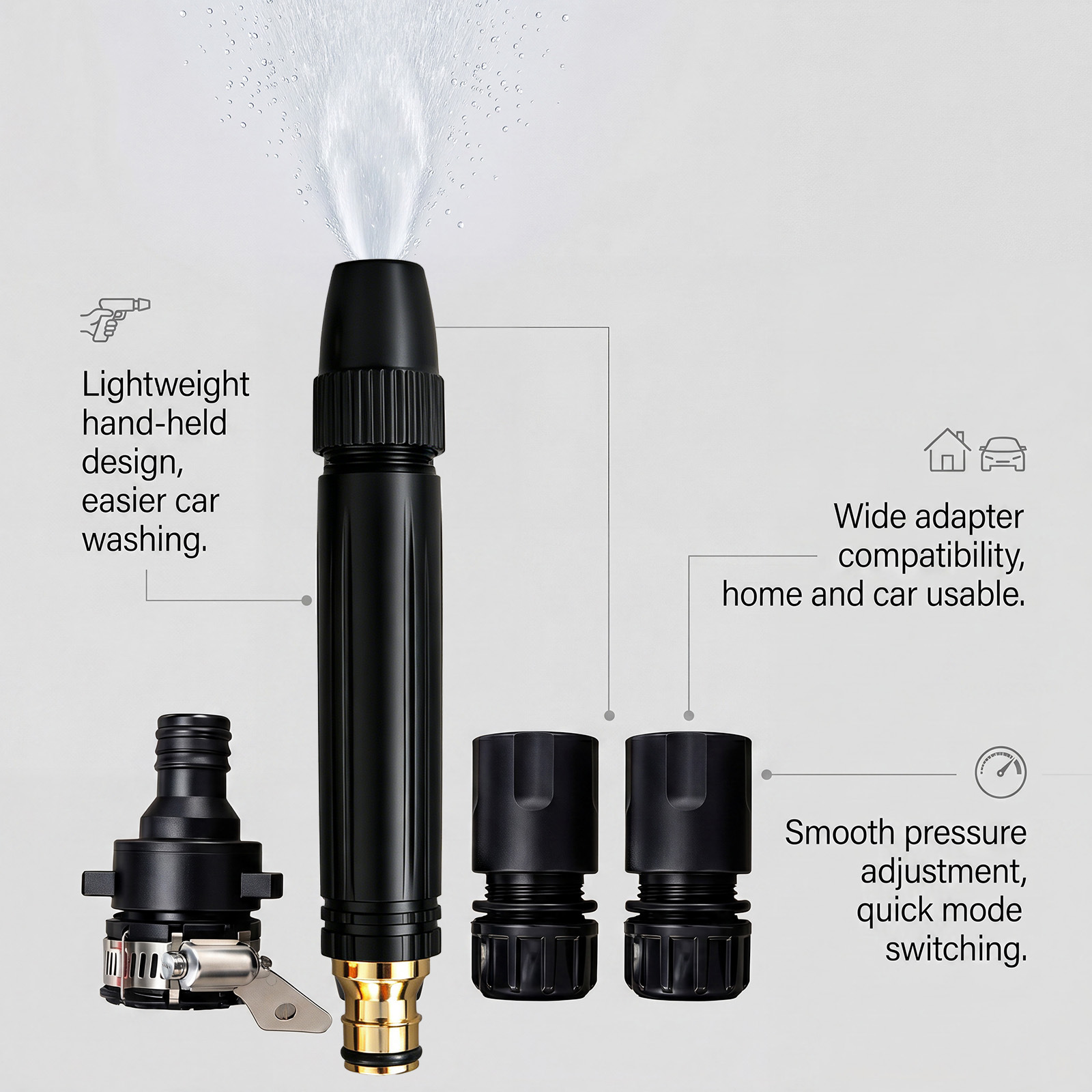 High-pressure car wash gun: features adjustable, rotating nozzles that allow for various spray patterns, providing a powerful water stream to effectively wash and clean dirt from the car body