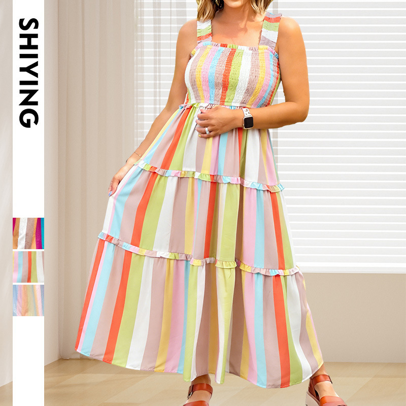 European and American Cross-Border Women's Suspender Dress with Square Neck, Sleeveless Pullover, Floor-Length Striped Flared Dress
