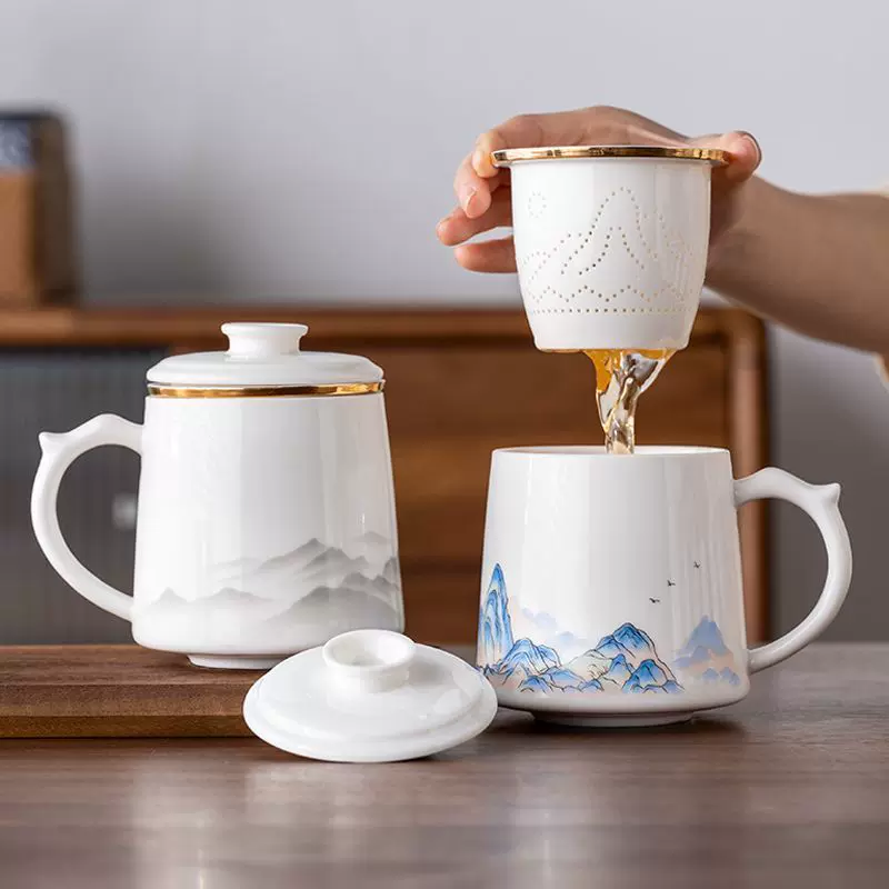 羊脂玉茶杯陶瓷茶水分离办公杯国潮文创水杯公司年会商务伴手礼
