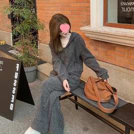 春秋季新款休闲气质条纹套装女连帽开衫外套休闲阔腿裤两件套