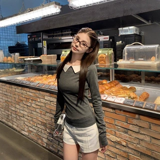 撞色条纹圆领长袖T恤衫女秋季新款修身显瘦美式辣妹休闲上衣ins潮