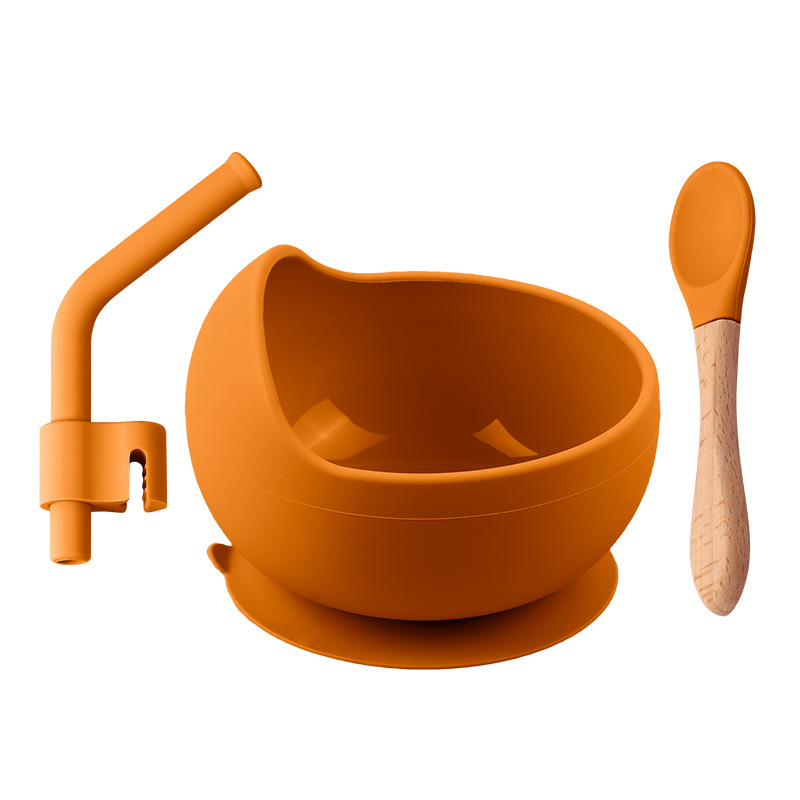 구형 실리콘 그릇 [오렌지] + 나무 손잡이 스푼 + 빨대