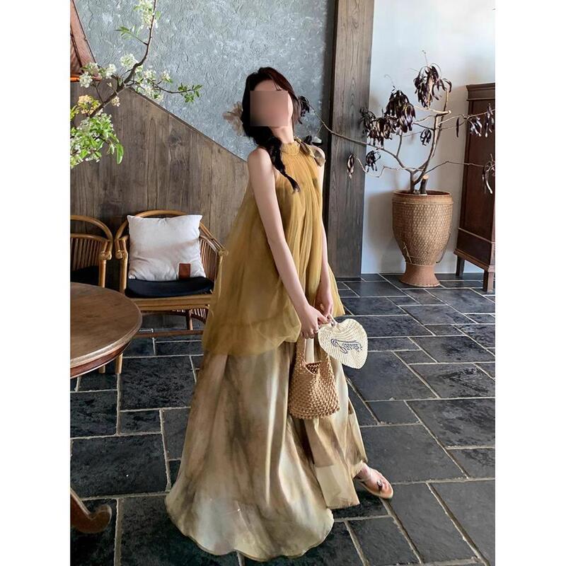 New Chinese Style Chic dress Neck Women's Summer New Elegant Mesh Slim-fit Slimming Fake Two-piece Girl's Skirt