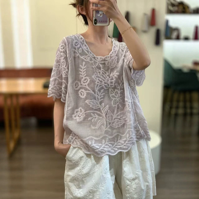 2026 Summer New Style Pure Cotton Round Neck Retro Loose Casual Embroidered Pullover Thin Short-Sleeved T-Shirt Top for Women