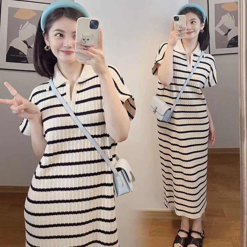 Knitted fashionable postpartum dress for pregnant for breastfeeding, 2023, polo collar, french style