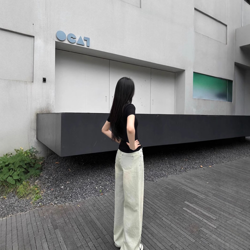 Summer High-Grade Light Wash Slimming Straight Wide-Leg Floor-Length Denim Pants