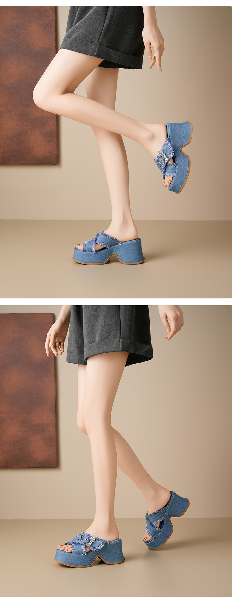 Dép sandal cao gót nữ hở mũi đế xuồng 9 cm quai ngang chất denim — Màu xanh lam denim, Vải bò trắng be chi tiết 9