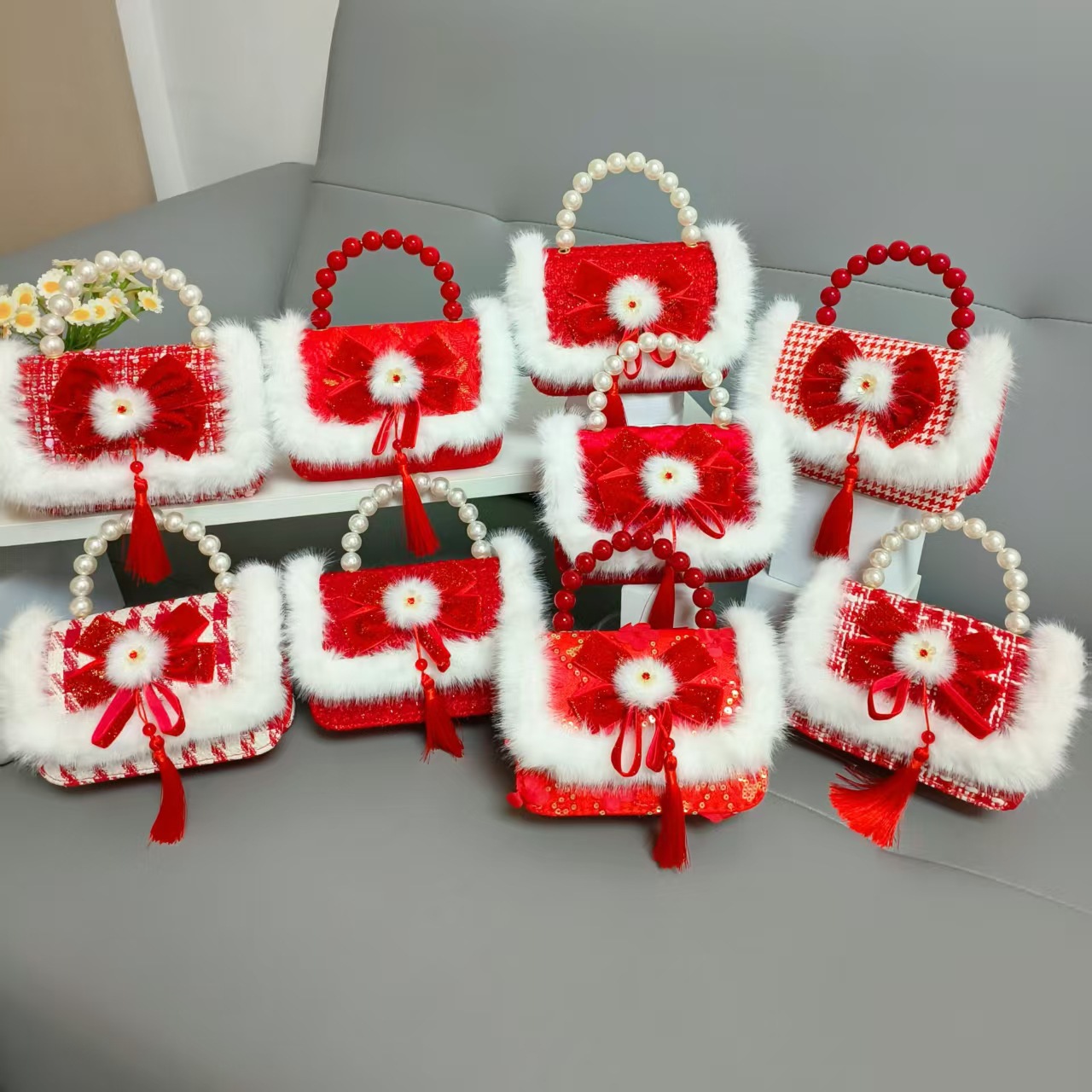 Gran bolso portátil de perla roja, cadena de arco, bolso cuadrado, bolso de Año Nuevo para chicas, bolso de Año Nuevo, viento fragante