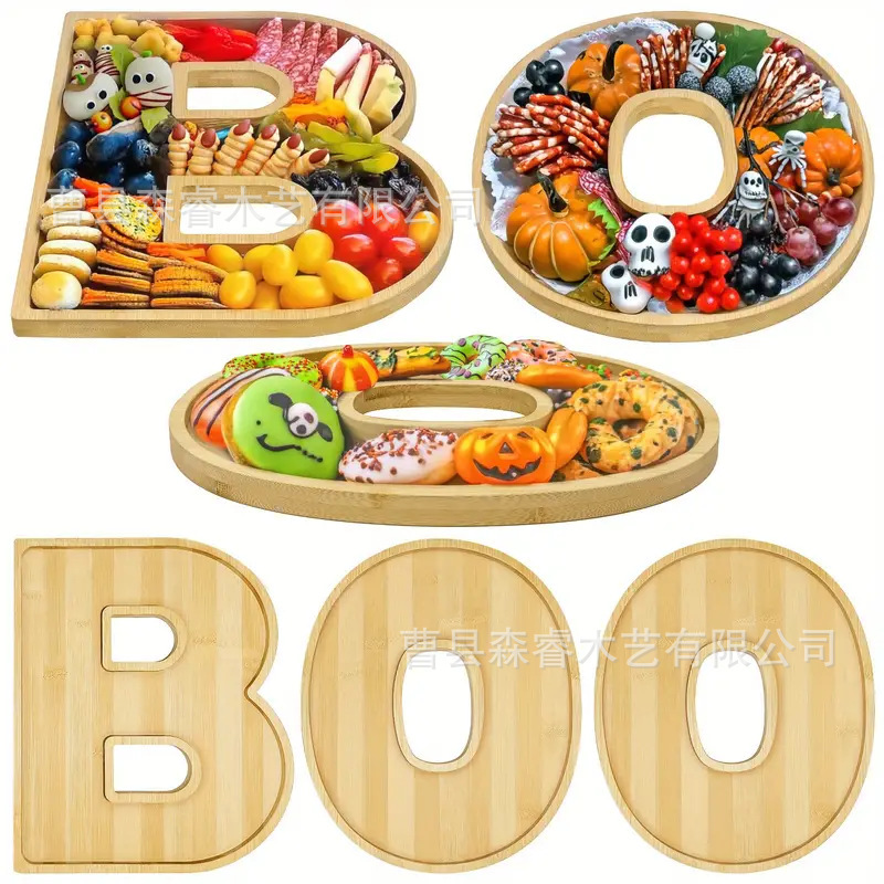 in stock Bamboo BOO Letter Tray Halloween Decoration Deli Plate Party Wooden Fruit Snack Candy Plate