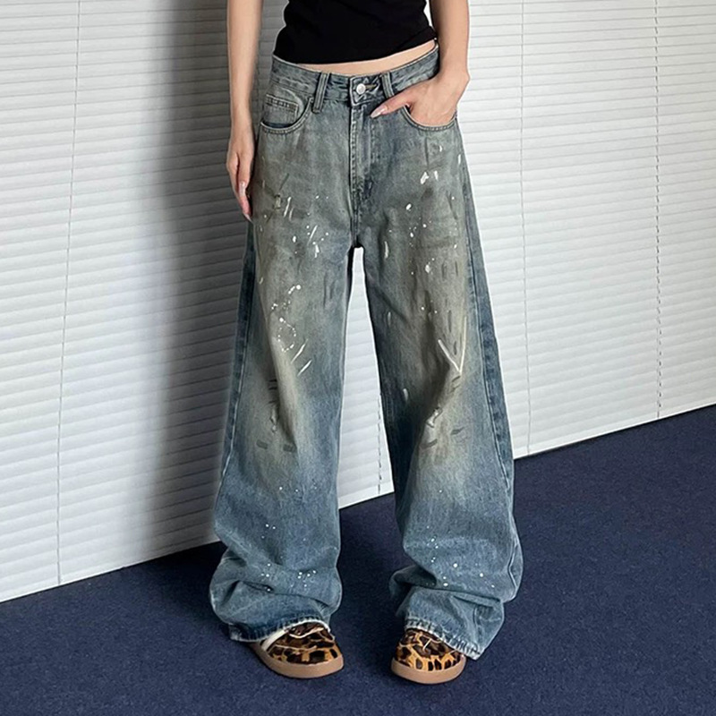 Early Autumn Washed Splash-Ink Graffiti Low-Waisted Lace-Up Jeans for Women New Style Distressed Loose Personalized Straight Pants Retro Trendy Brand