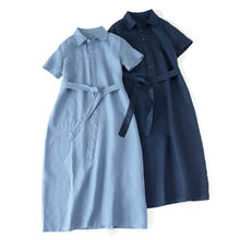 外贸法国单尾货剪标大牌女森系苎麻衬衫长裙翻领短袖棉亚麻连衣裙